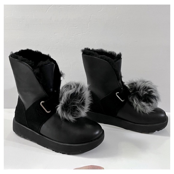 UGG Isley Black Waterproof Leather Pom Pom Boots, Size 6 - Picture 2 of 15